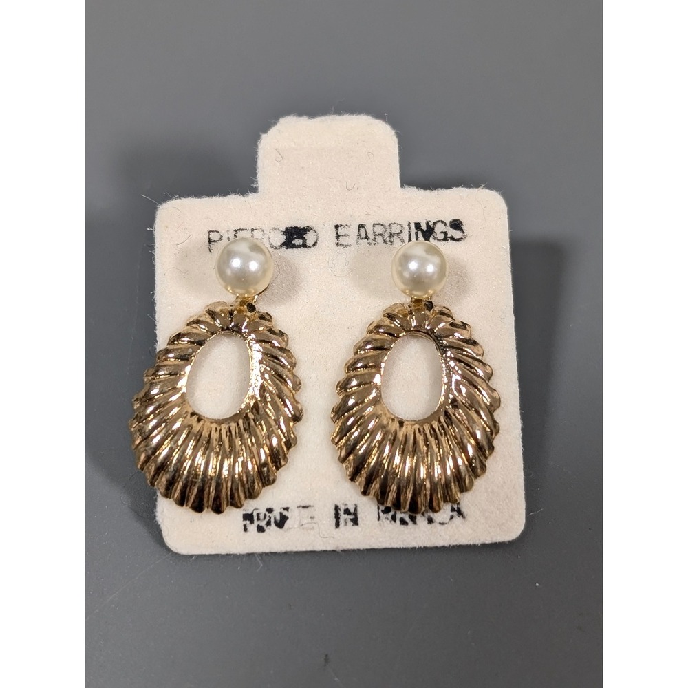 Vintage‎ Gold Tone Ribbed Convertible Faux Pearl Stud Earrings Dainty Retro NWT